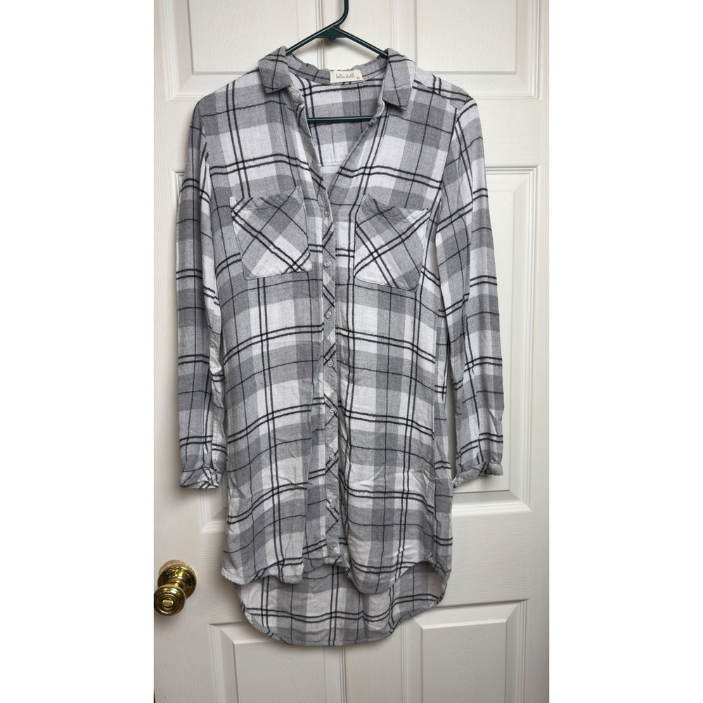 Bella Dahl‎ Grey White Plaid Button Down Shirt Dress Womens XS Longline High Low